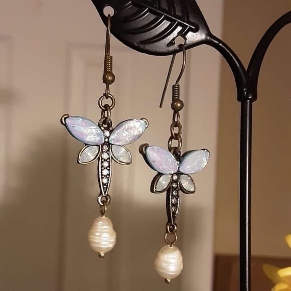 Hand Crafted Dragonfly Earrings Blue Pearl ,Opal Looking Stones Pierced - Picture 2 of 2